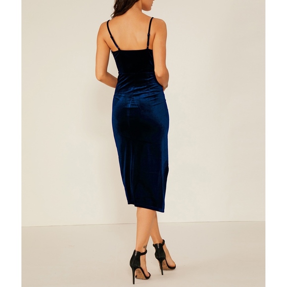 Blue Plunge Wrap Side Split Velvet Midi Dress - Picture 2 of 5